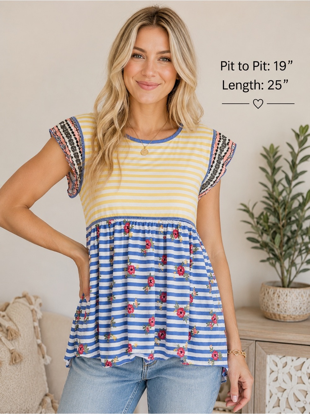 Matilda Jane Yellow and Blue Striped Mixed-Print Flutter Top